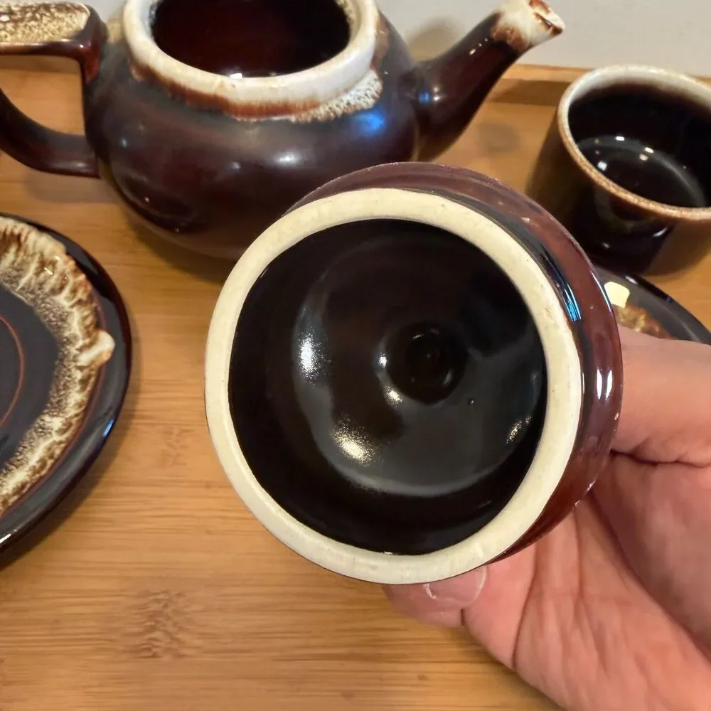 Vintage Pfaltzgraff Gourmet Brown Drip Tea Set Teapot 2 Cups Saucers USA